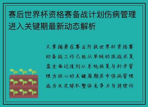 赛后世界杯资格赛备战计划伤病管理进入关键期最新动态解析 赛后世界杯资格赛备战计划伤病管理进入关键期最新动态解析