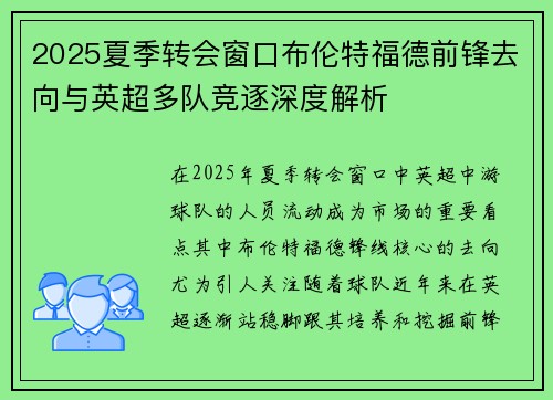 2025夏季转会窗口布伦特福德前锋去向与英超多队竞逐深度解析 2025夏季转会窗口布伦特福德前锋去向与英超多队竞逐深度解析